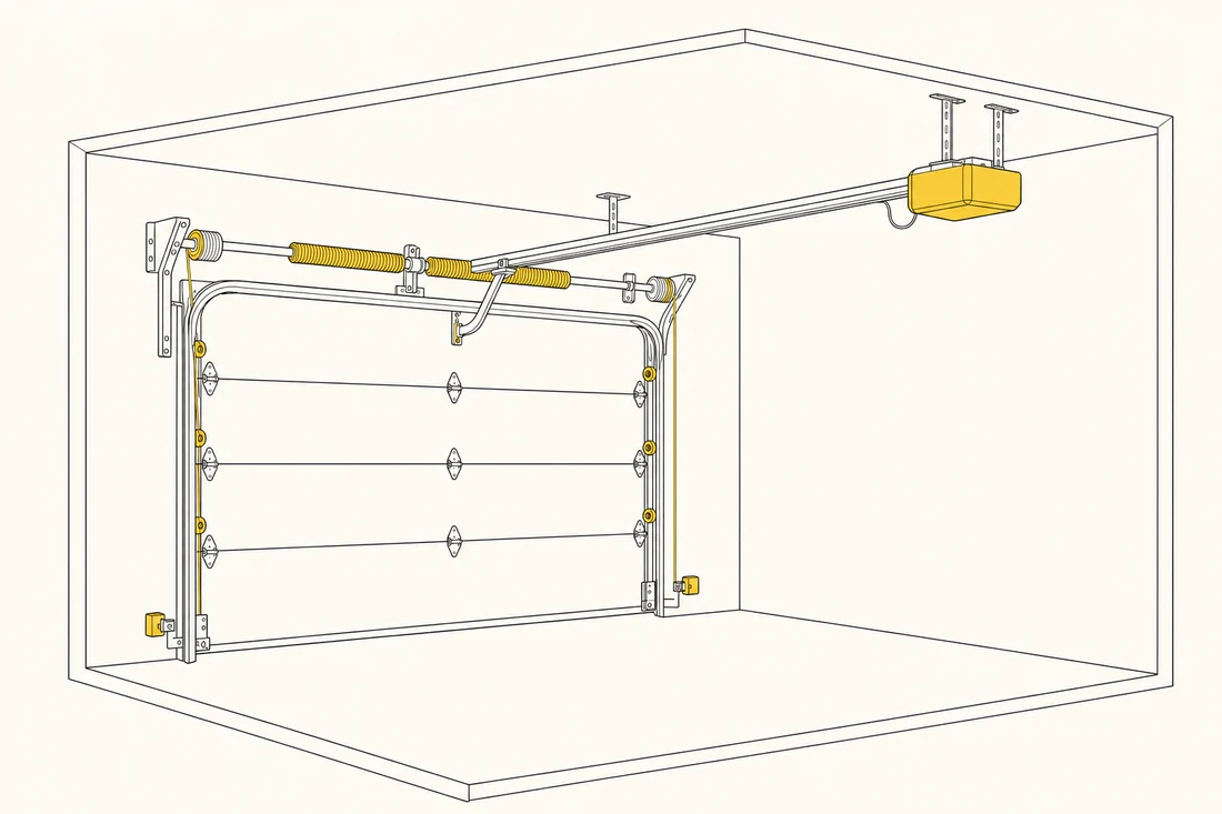 Line drawing of a sectional garage door from inside: torsion spring on its shaft above the door, lift cables, rollers in the tracks, the opener on its rail, and safety sensors near the floor