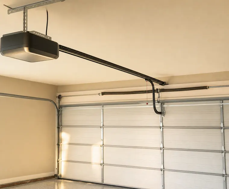 A garage door opener on a bright garage ceiling, its rail running to the closed door