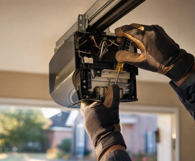 Gloved hands adjusting a ceiling-mounted garage door opener with its cover off