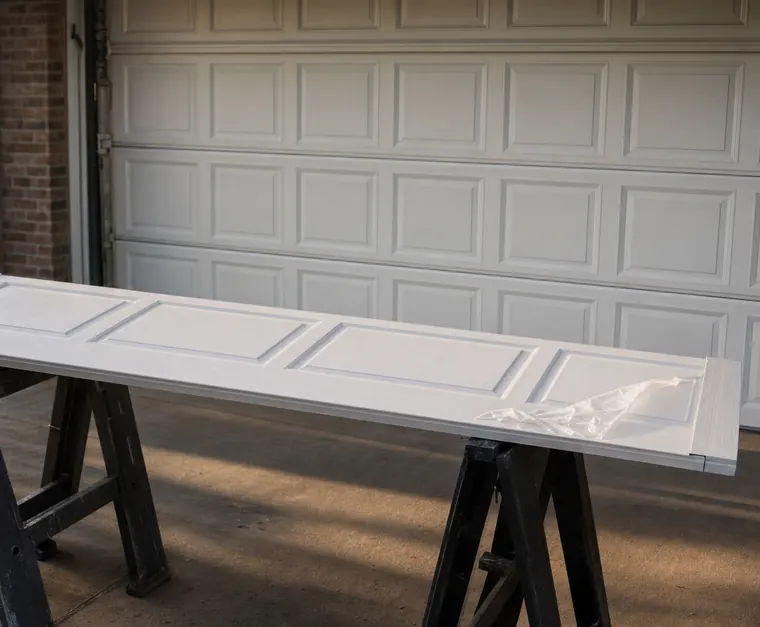A new raised-panel garage door section on sawhorses in front of a matching white door