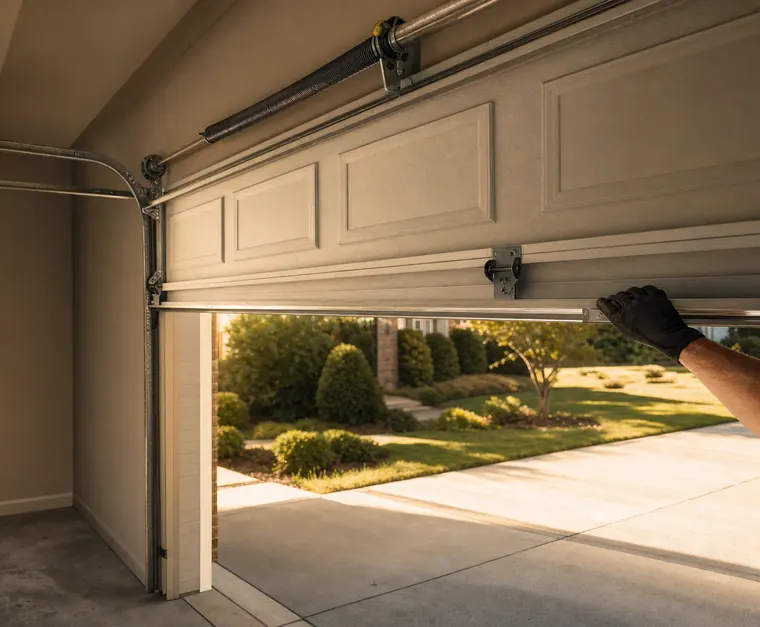 Inside a garage: a white panel door half open onto a sunny driveway, a gloved hand on its bottom edge