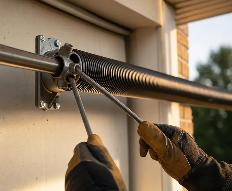Close-up of a torsion spring on its shaft above a garage door, two winding bars held in gloved hands