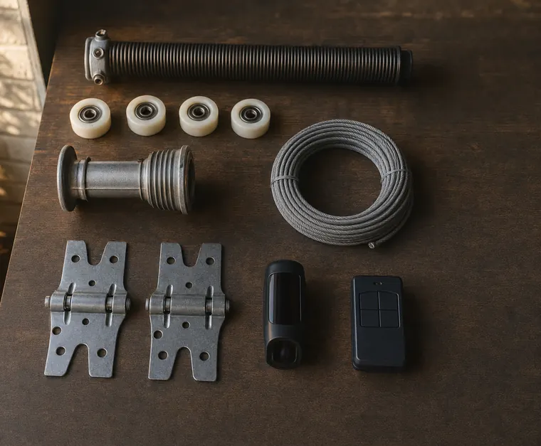 Garage door parts laid out on a dark workbench: a torsion spring, rollers, a cable drum, cable, hinges, a safety sensor and a remote