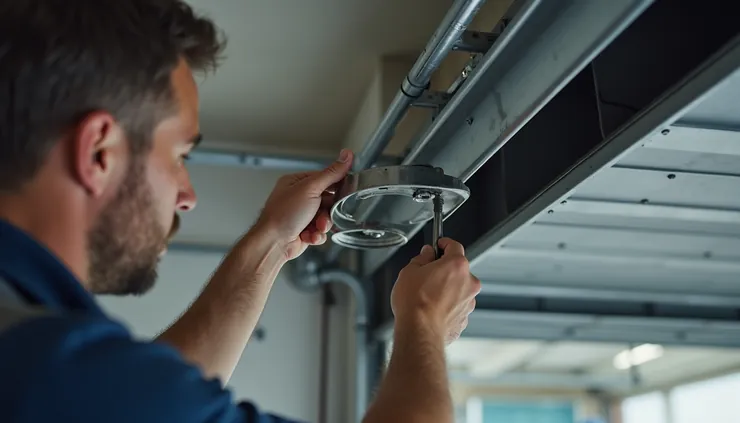 Close-up view of a garage door spring being replaced by a technician