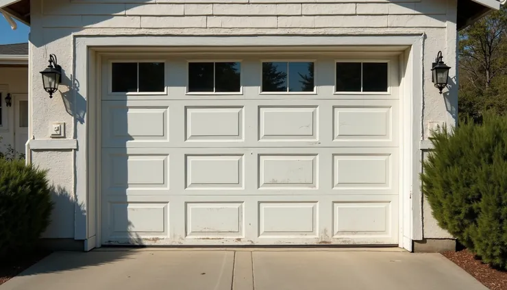 Eye-level view of a residential garage door with visible wear