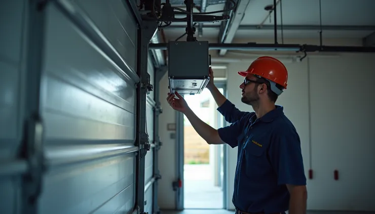 Eye-level view of a technician inspecting a garage door opener